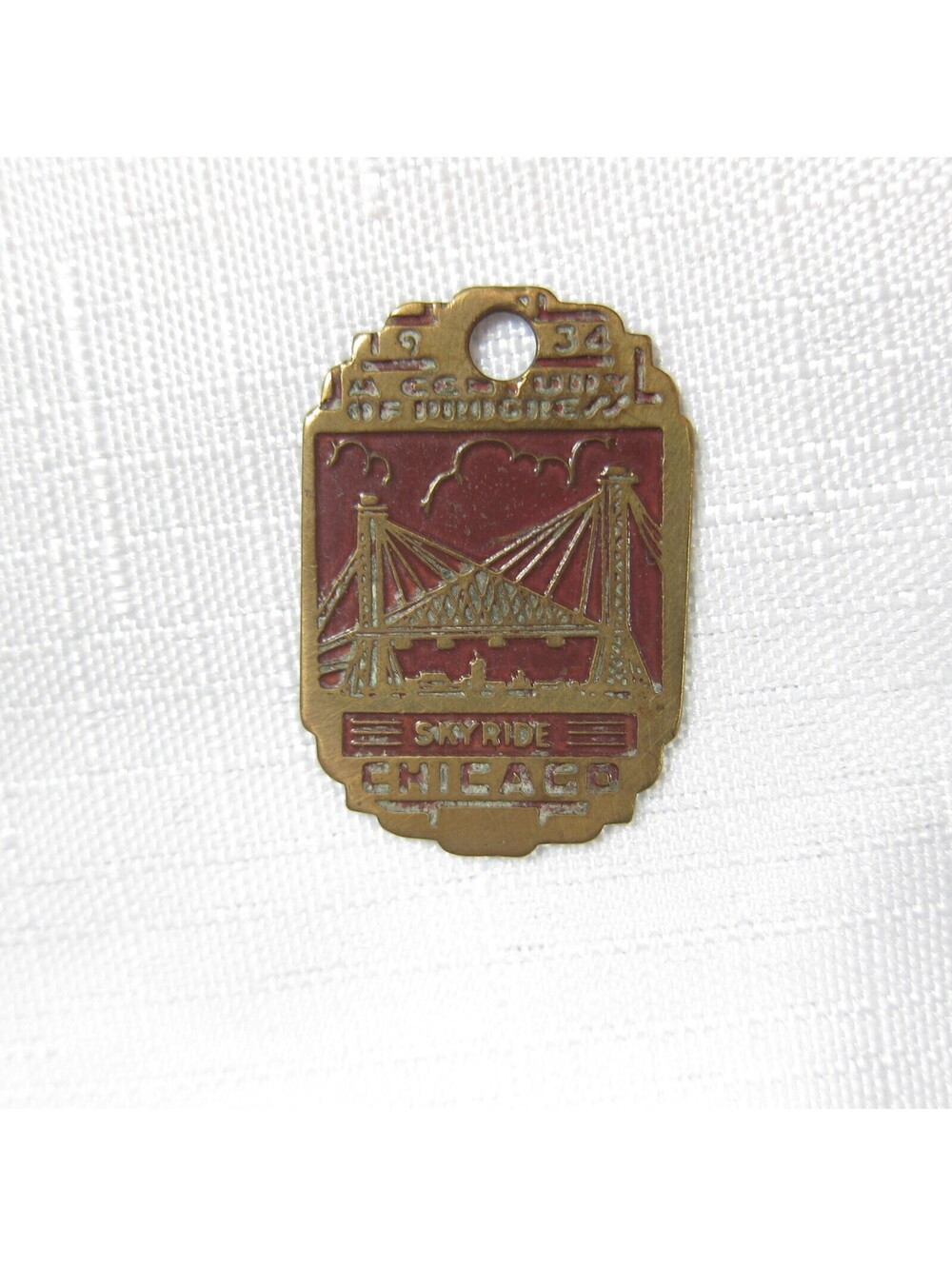 1934 Chicago Worlds Fair Souvenir Metal Token Keyring Keychain Skyride Vintage